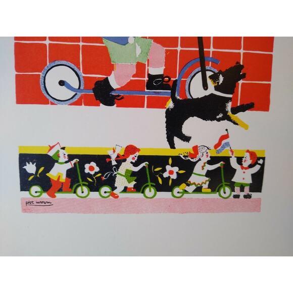 Piet Worm Art Print Children On Scooter Dog Vintage M B Z Amsterdam Holland 1951 - Picture 3 of 5